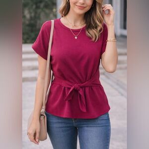 Express Dark Magenta Tie Waist Short Sleeve Knit Top Stretch Size Large